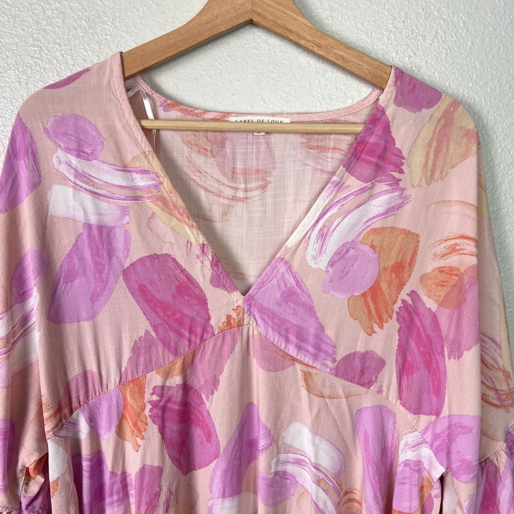 Label of Love Pink Abstract Brushstroke V-Neck Bell Sleeve Mini Dress Large - Picture 2 of 7